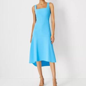 Ann Taylor Dress Square Neck High Lo Flare Knee Blue Sleeveless Women 8 Office